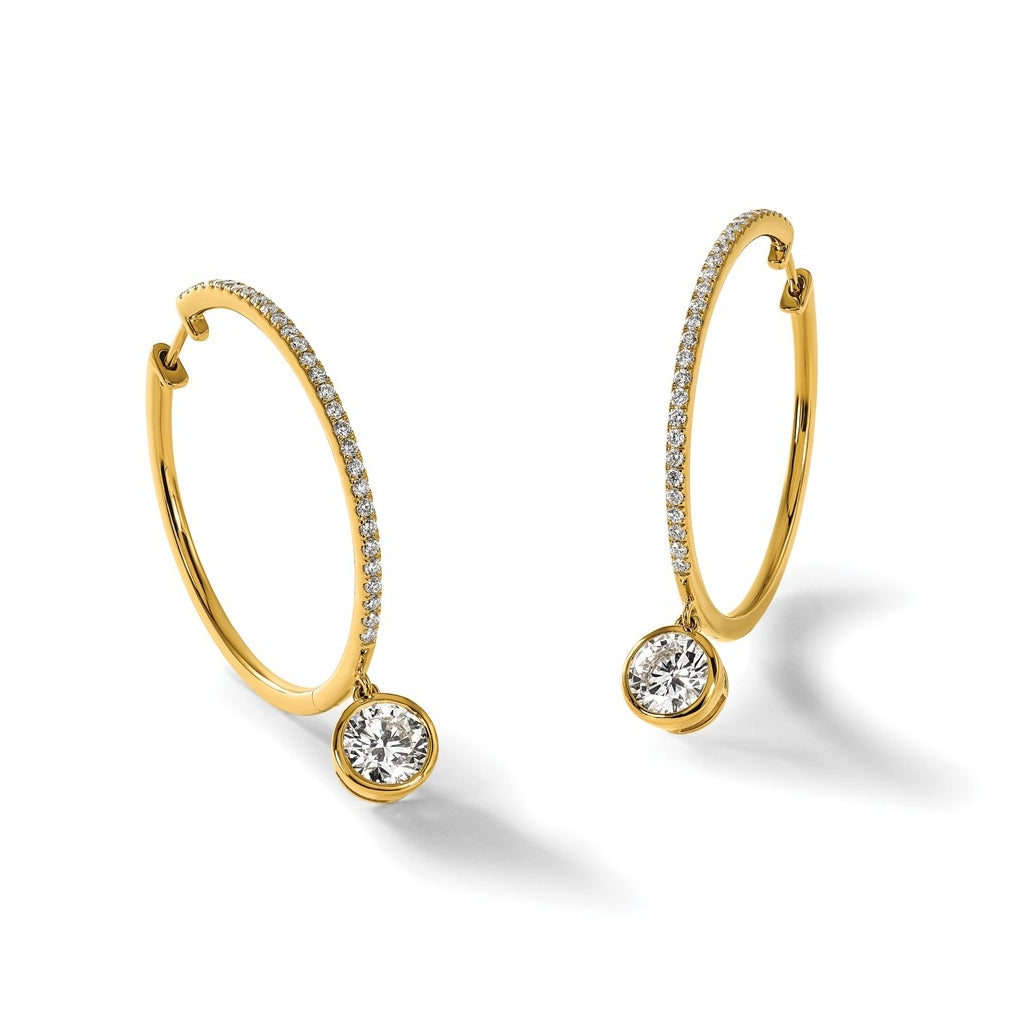 14K Yellow Gold Certified Round Bezel Dangle Lab Grown Diamond VS+ F+ Hoop Earrings