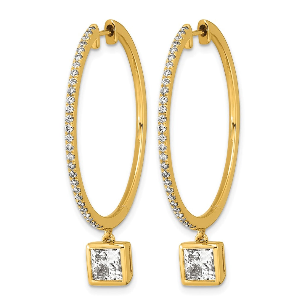 True Origin 14k Yellow Gold 2 5/8 carat Lab Grown Diamond VS+ F+ Complete Square Bezel-Set Dangle In/Out Hoop Earrings