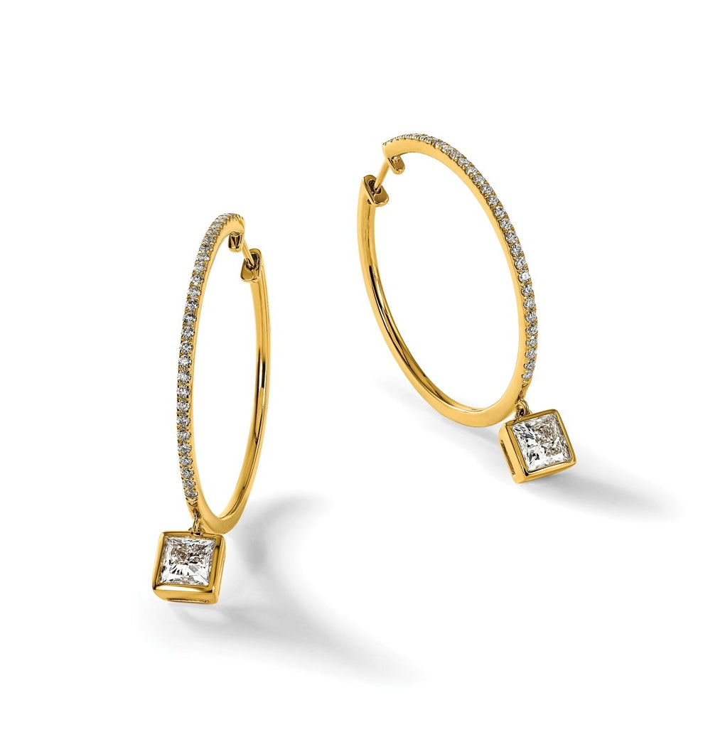 True Origin 14k Yellow Gold 2 5/8 carat Lab Grown Diamond VS+ F+ Complete Square Bezel-Set Dangle In/Out Hoop Earrings
