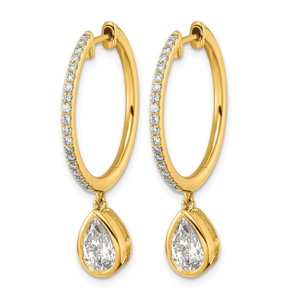 True Origin 14k Yellow Gold 2 3/8 carat Lab Grown Diamond VS+ F+ Complete Pear Bezel-Set Dangle In/Out Hoop Earrings