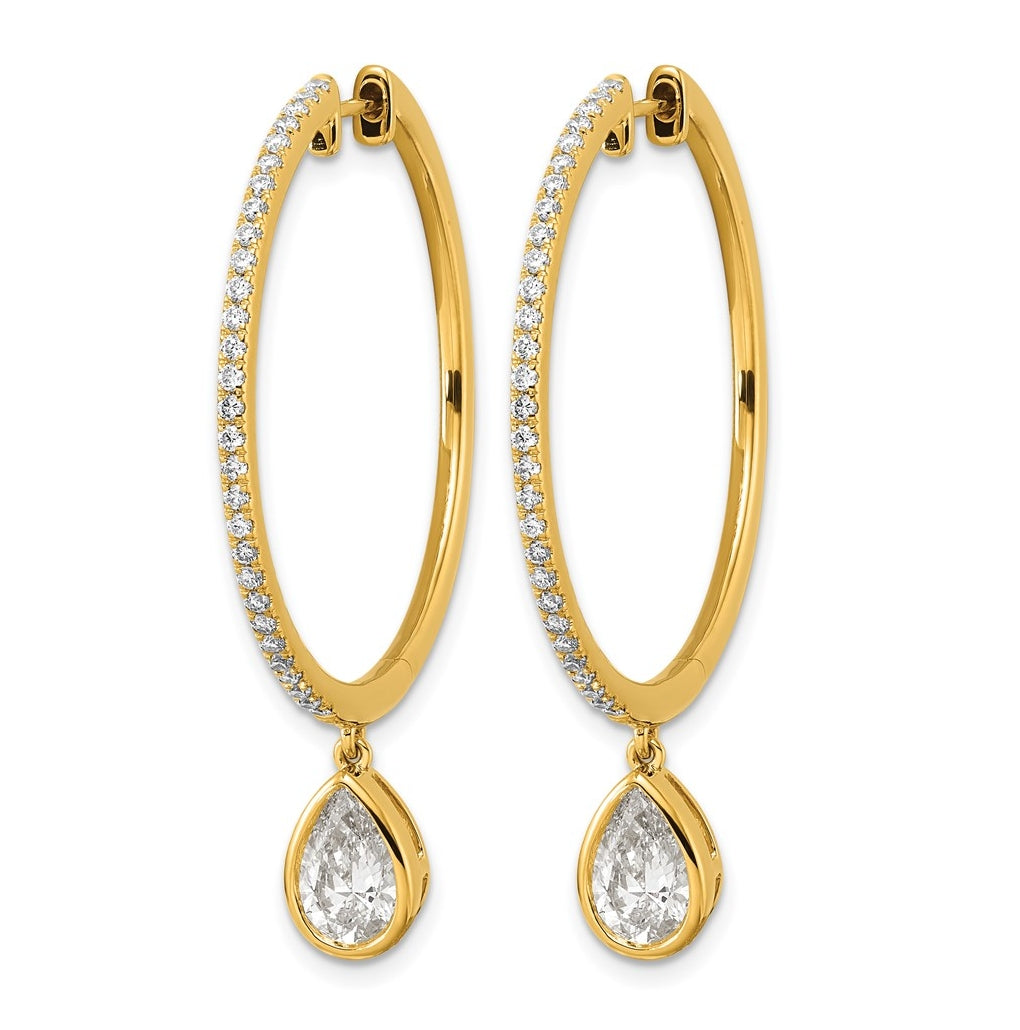 True Origin 14k Yellow Gold 2 5/8 carat Lab Grown Diamond VS+ F+ Complete Pear Bezel-Set Dangle In/Out Hoop Earrings