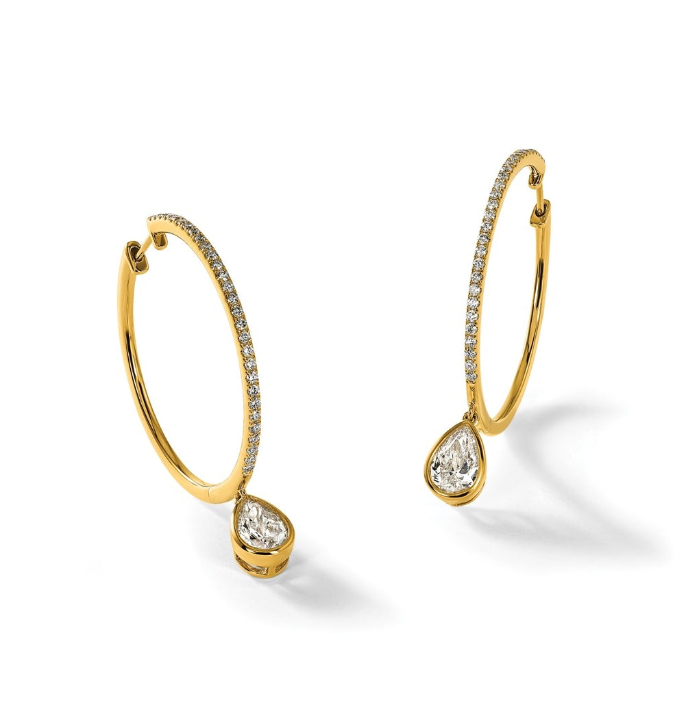 True Origin 14k Yellow Gold 2 5/8 carat Lab Grown Diamond VS+ F+ Complete Pear Bezel-Set Dangle In/Out Hoop Earrings