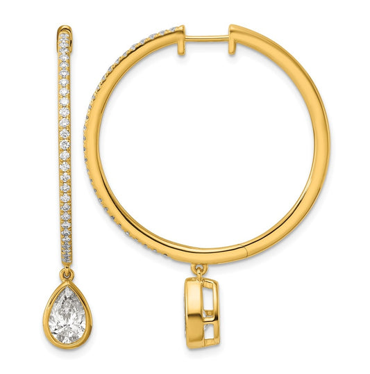 True Origin 14k Yellow Gold 2 5/8 carat Lab Grown Diamond VS+ F+ Complete Pear Bezel-Set Dangle In/Out Hoop Earrings