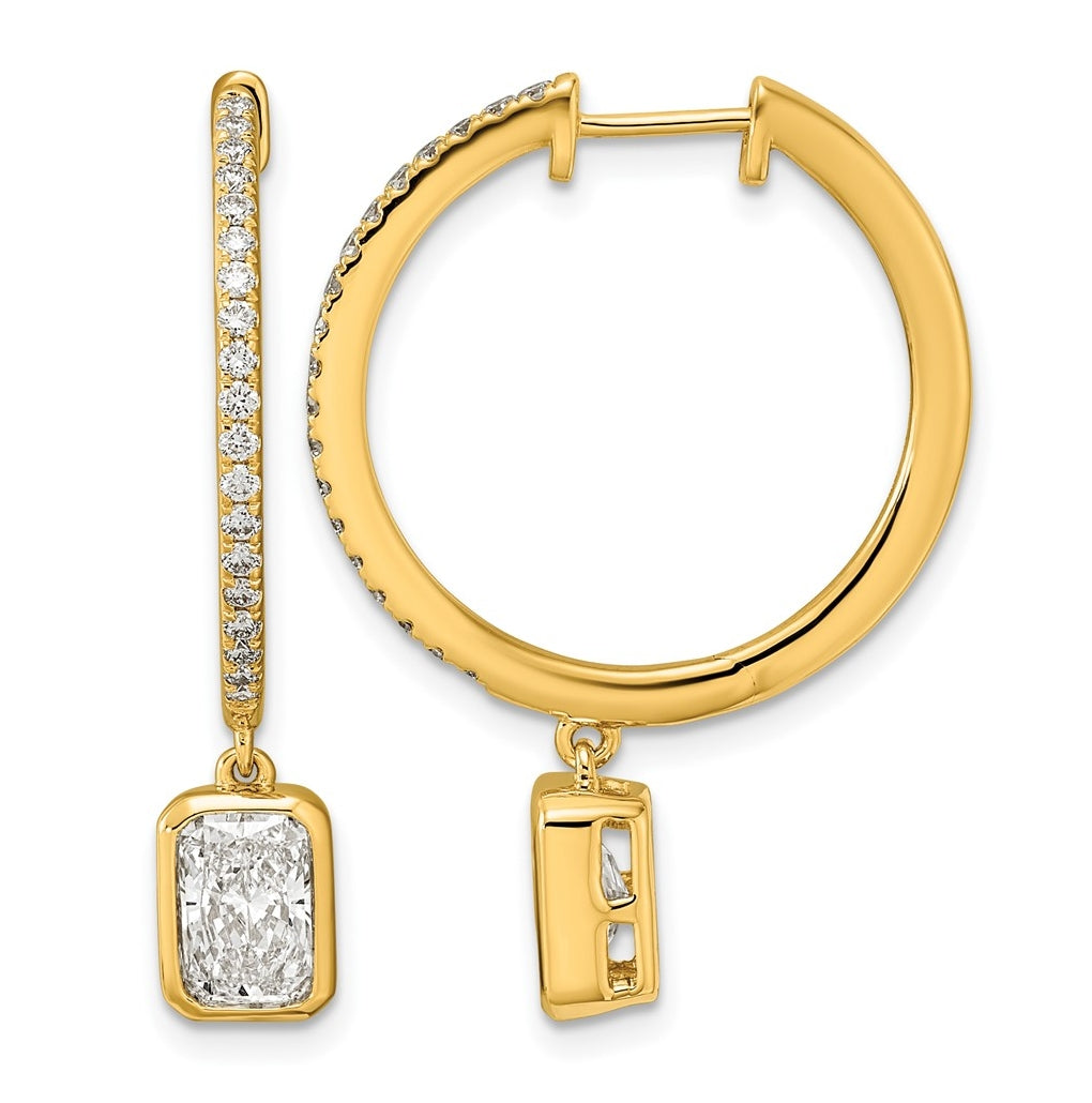 14K Yellow Gold Certified Emerald Bezel Dangle Lab Grown Diamond VS+ F+ Hoop Earrings
