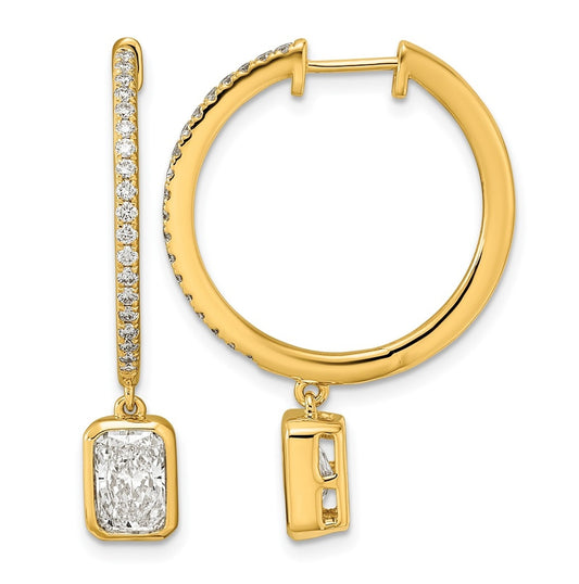 14K Yellow Gold Certified Emerald Bezel Dangle Lab Grown Diamond VS+ F+ Hoop Earrings