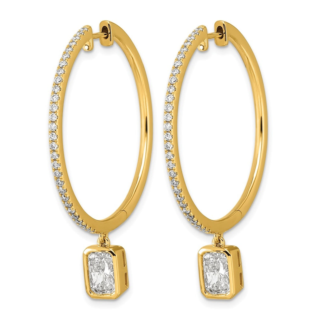 14K Yellow Gold Certified Emerald Bezel Dangle Lab Grown Diamond VS+ F+ Hoop Earrings