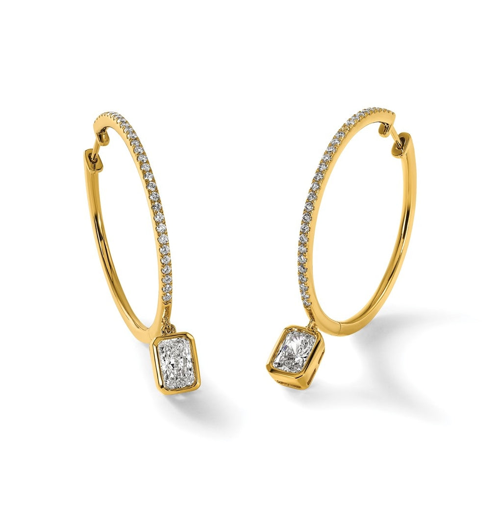 14K Yellow Gold Certified Emerald Bezel Dangle Lab Grown Diamond VS+ F+ Hoop Earrings