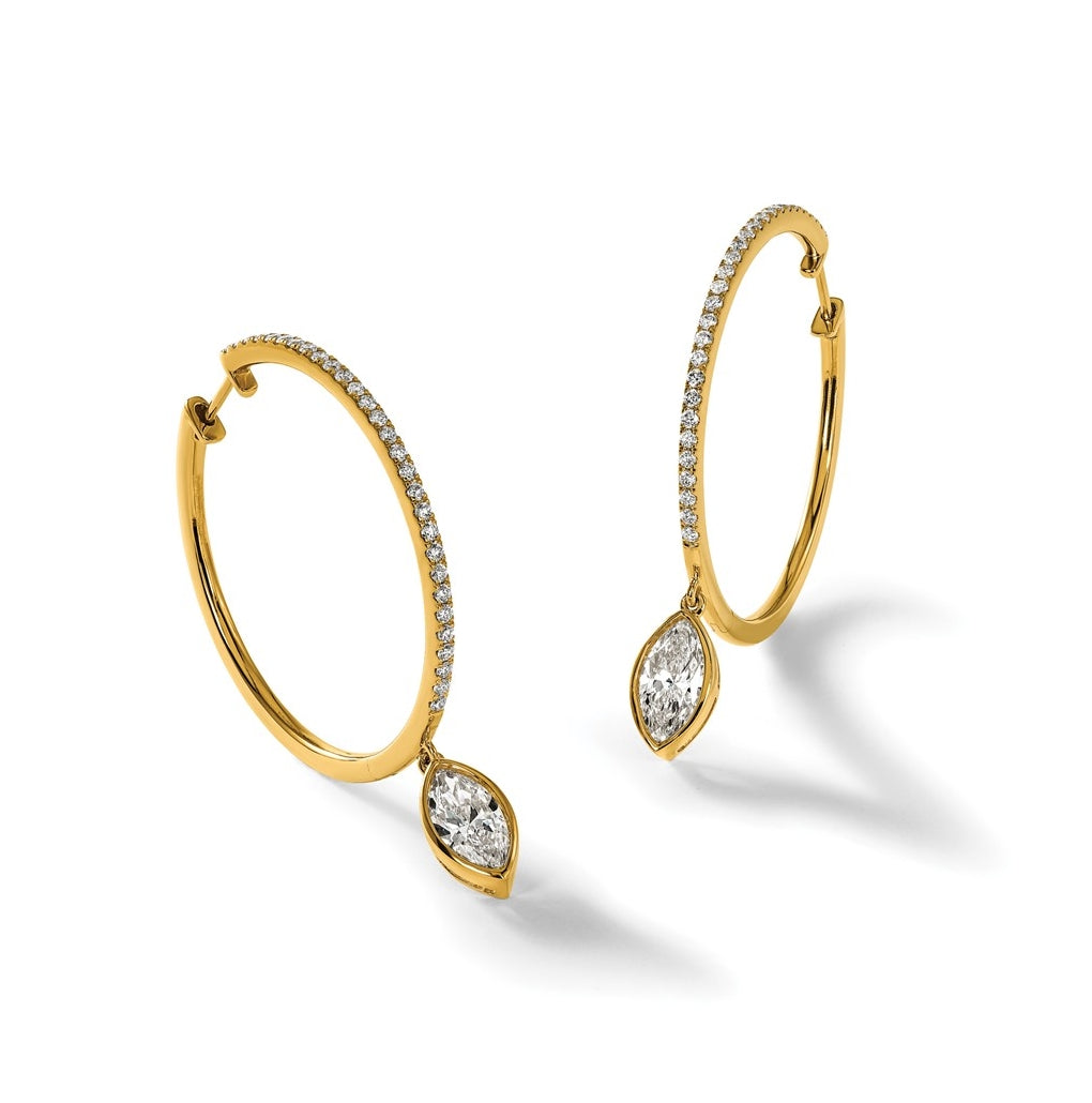 14K Yellow Gold Certified Marquise Bezel Dangle Lab Grown Diamond VS+ F+ Hoop Earrings