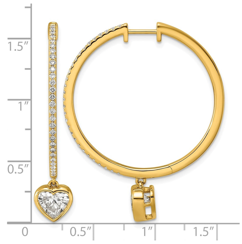 True Origin 14k Yellow Gold 2 1/4 carat Lab Grown Diamond VS+ F+ Complete Heart Bezel-Set Dangle In/Out Hoop Earrings