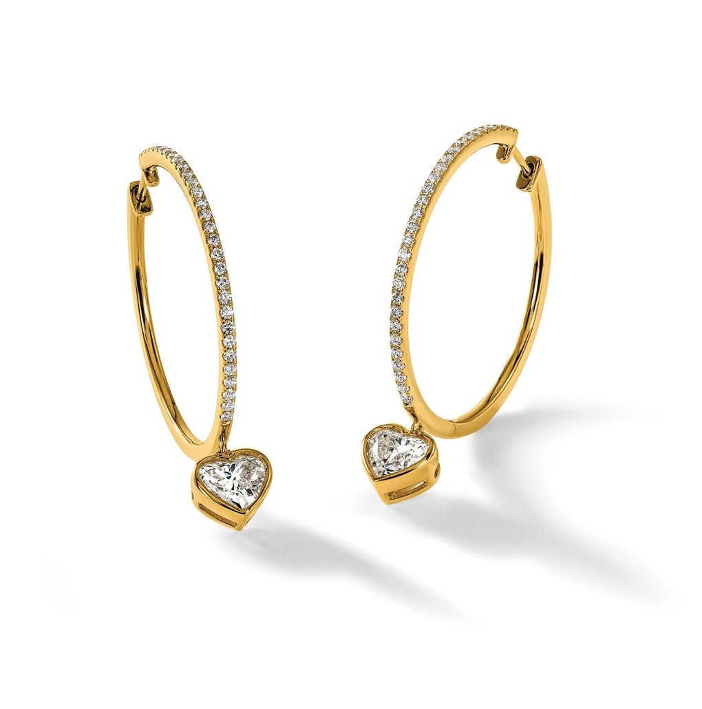 True Origin 14k Yellow Gold 2 1/4 carat Lab Grown Diamond VS+ F+ Complete Heart Bezel-Set Dangle In/Out Hoop Earrings