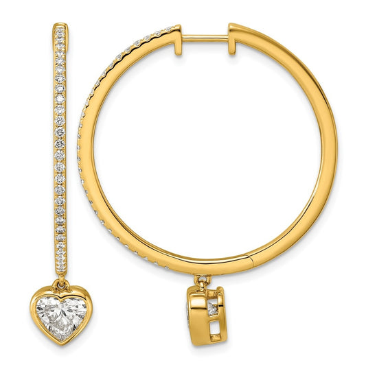 14K Yellow Gold Certified Heart Bezel Dangle Lab Grown Diamond VS+ F+ Hoop Earrings