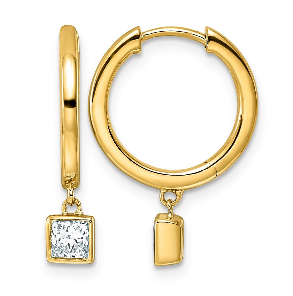 14K Yellow Gold 1/2ct LabGrown Diamond VS+ F+ Dangle Princess Bezel Comp Hoop Earrings – Elegant Jewelry Gift for Birthday, Anniversary, Engagement, Wedding