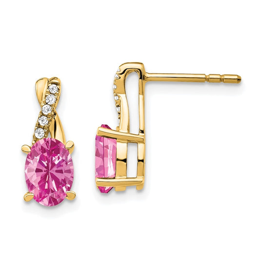 10K Yellow Gold Created Pink Sapphire and Diamond Earrings