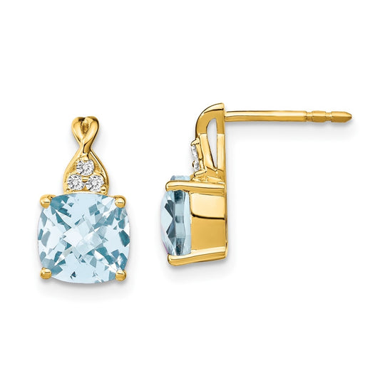 10K Yellow Gold Checkerboard Aquamarine and Diamond Earrings