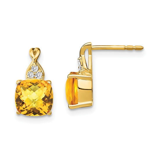 10K Yellow Gold Checkerboard Citrine and Diamond Earrings