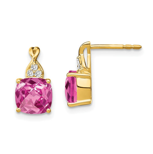 10K Yellow Gold Checkerboard Created Pink Sapphire and Diamond Earrings