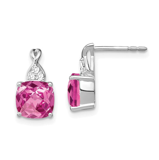 14K White Gold Checkerboard Created Pink Sapphire and Diamond Earrings