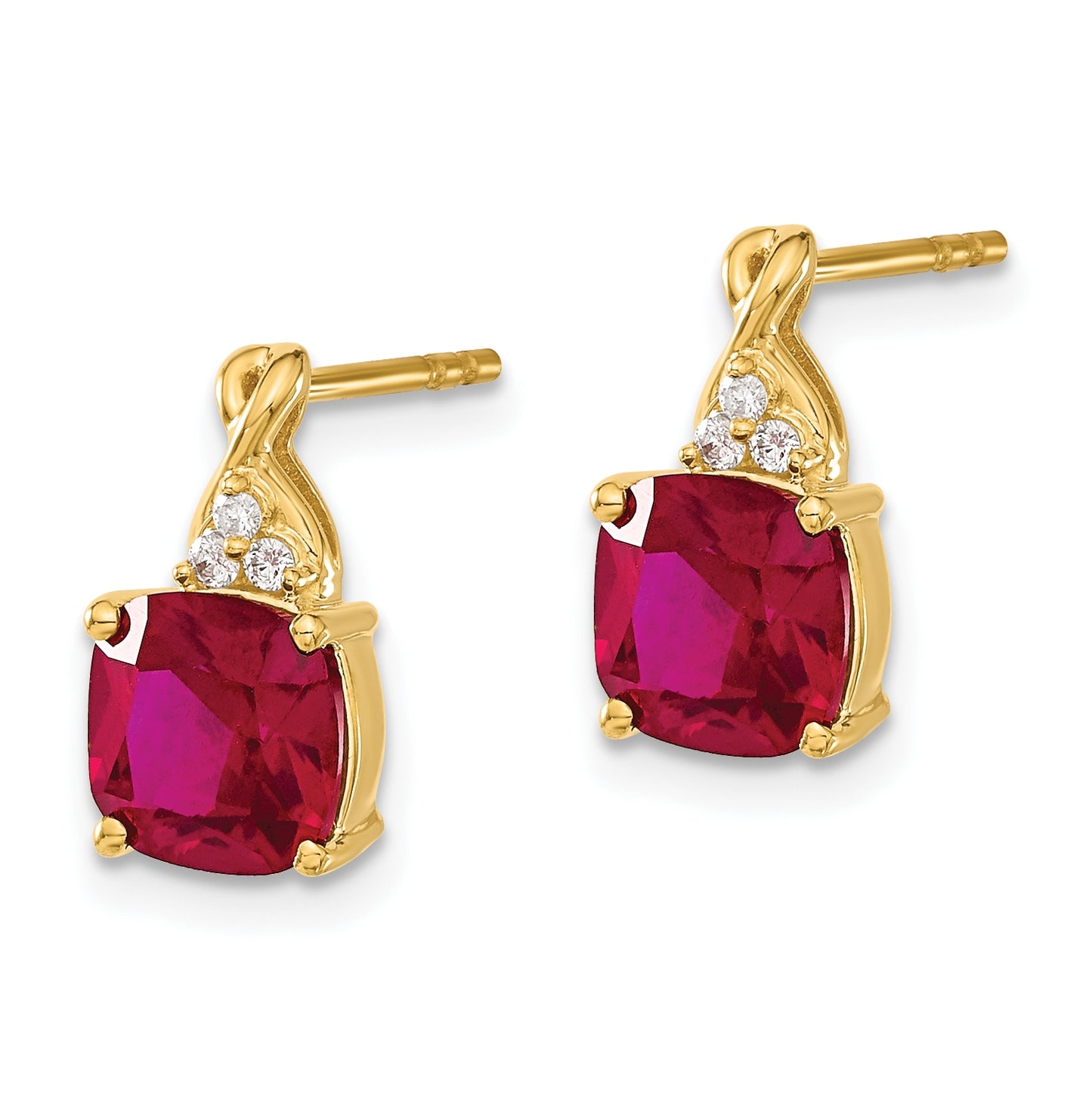 10K Yellow Gold Checkerboard Created Ruby and Diamond Earrings