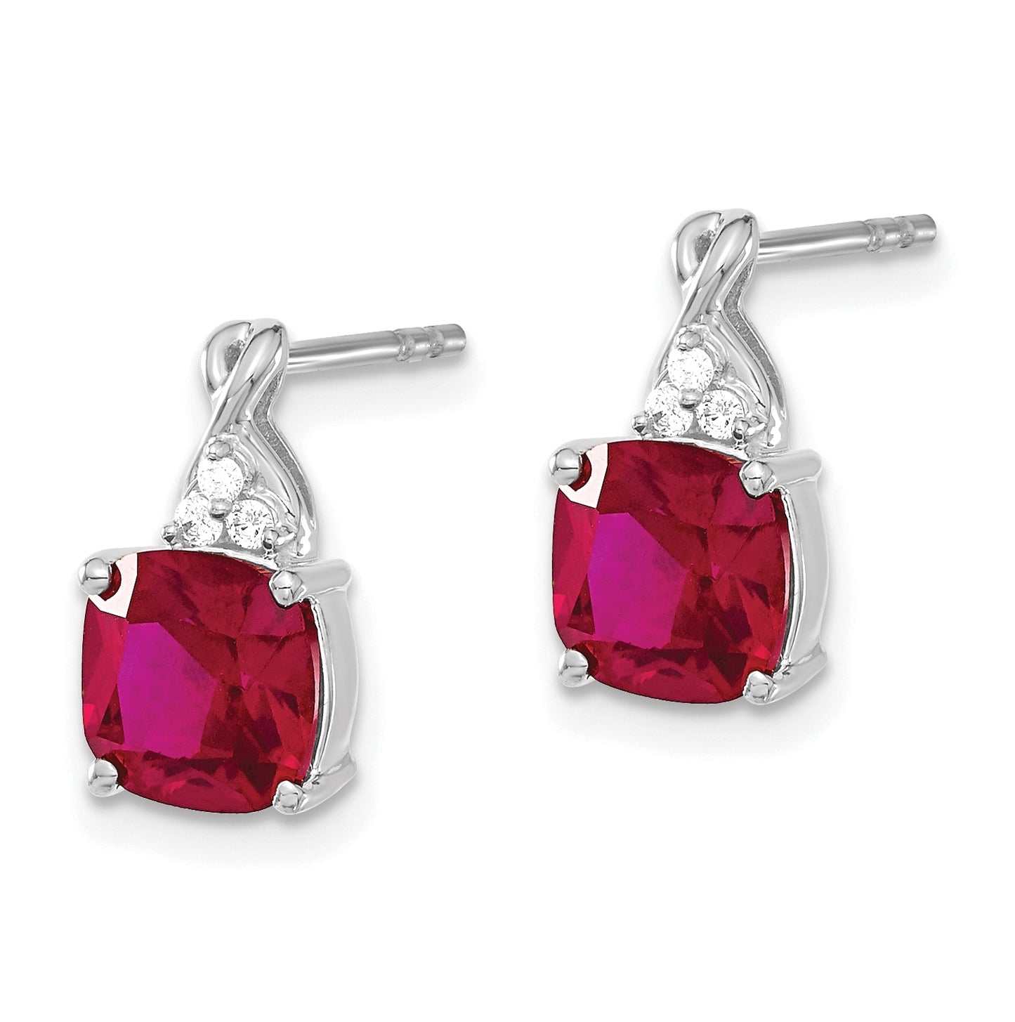 14K White Gold Checkerboard Created Ruby and Diamond Earrings