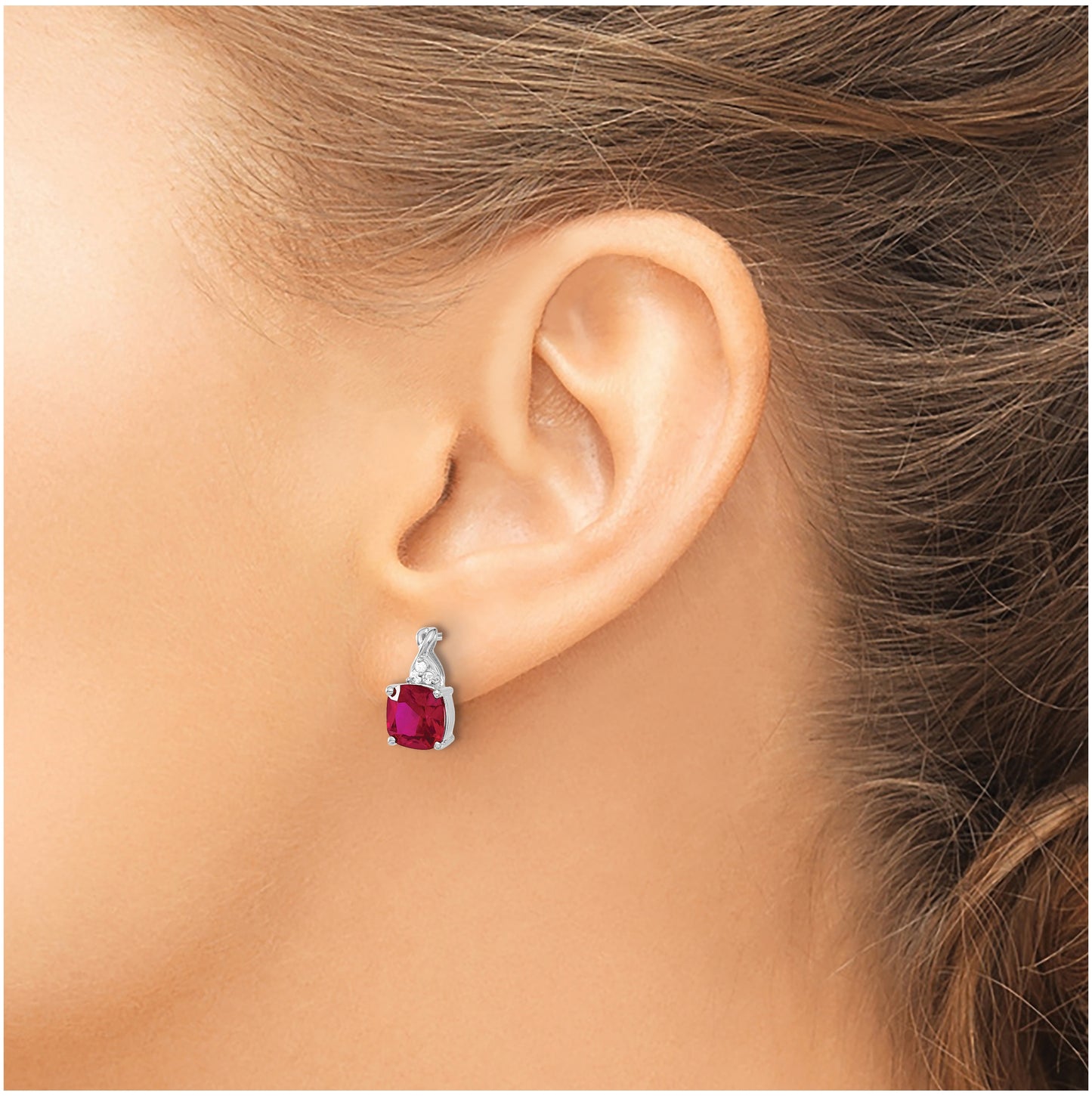 14K White Gold Checkerboard Created Ruby and Diamond Earrings