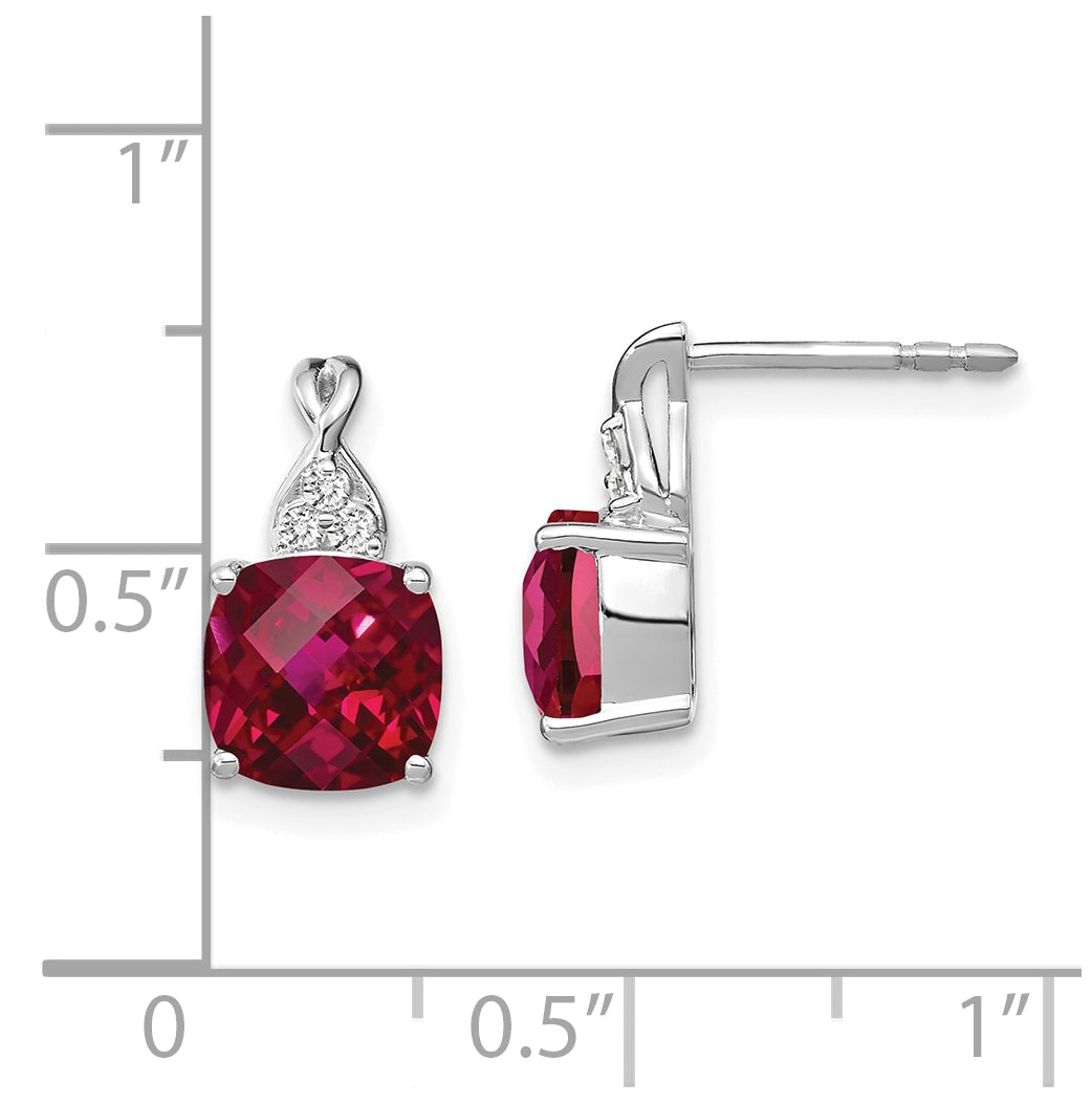 14K White Gold Checkerboard Created Ruby and Diamond Earrings