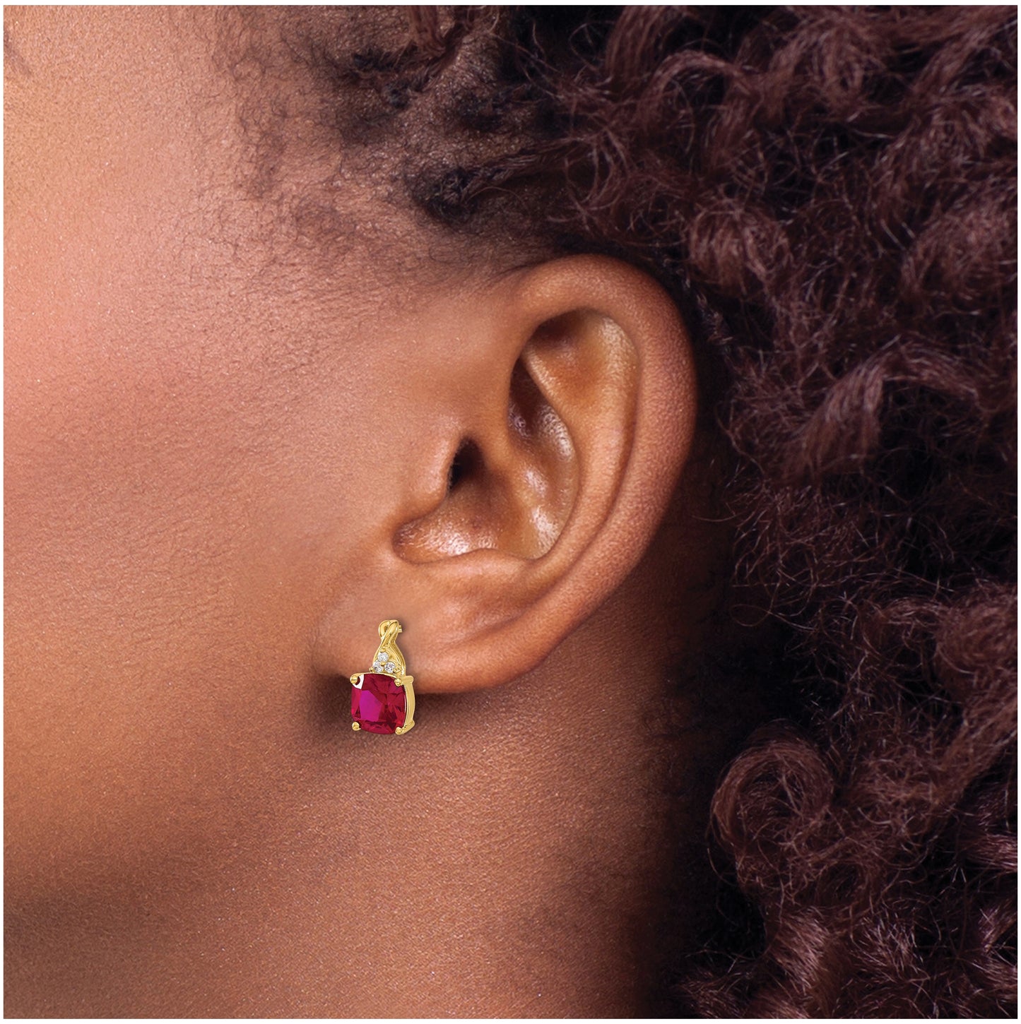 14K Yellow Gold Checkerboard Created Ruby and Diamond Earrings