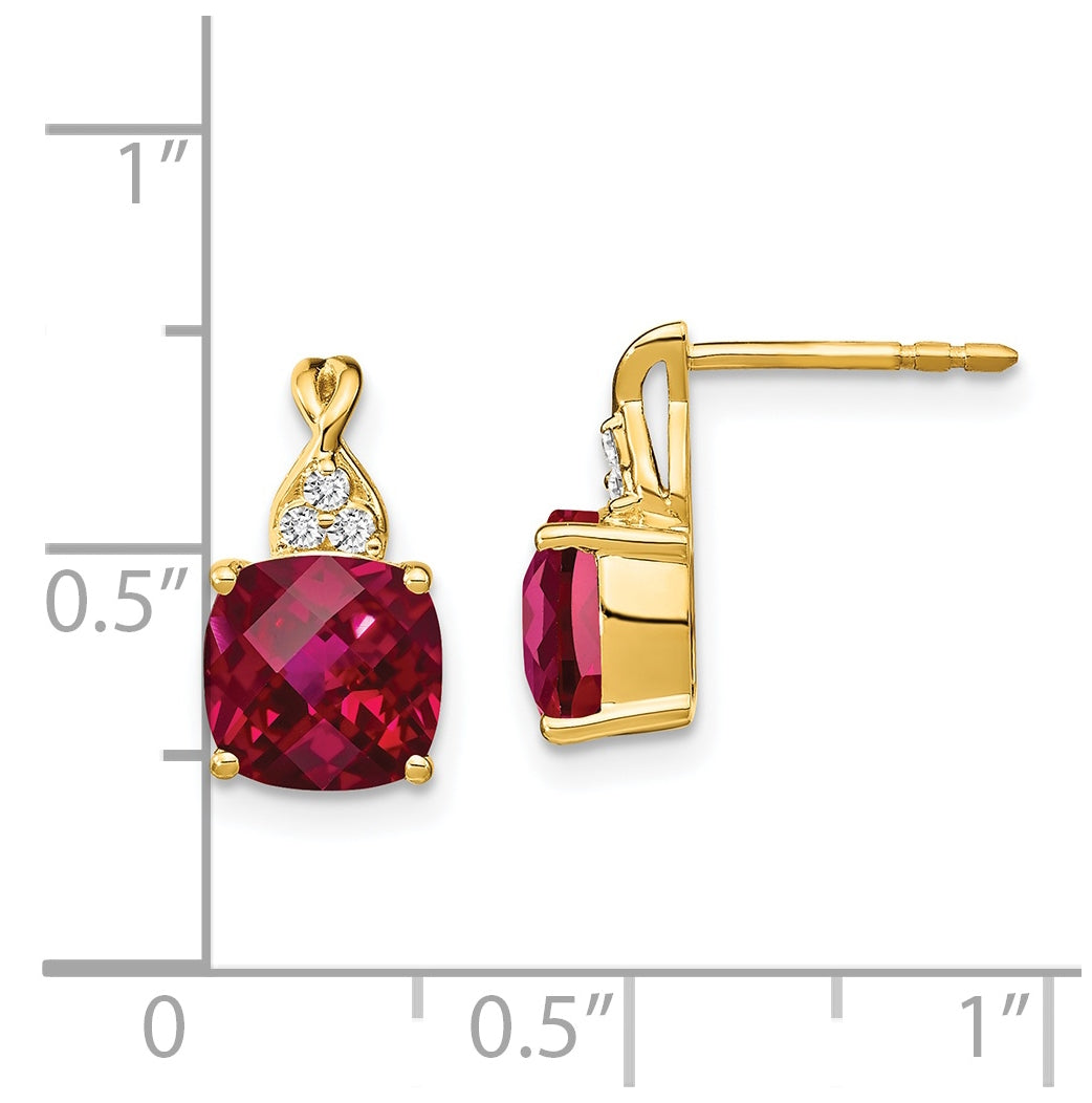 14K Yellow Gold Checkerboard Created Ruby and Diamond Earrings