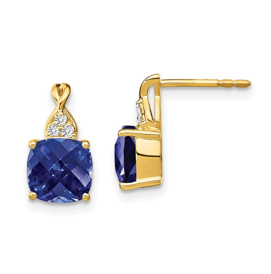 10K Yellow Gold Checkerboard Created Sapphire and Diamond Earrings