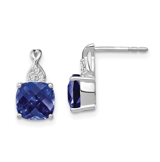 14K White Gold Checkerboard Created Sapphire and Diamond Earrings