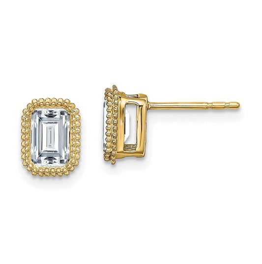 14k Yellow Gold Emerald Beaded Bezel Earring G H I True Light Moissanite, 7.9mm