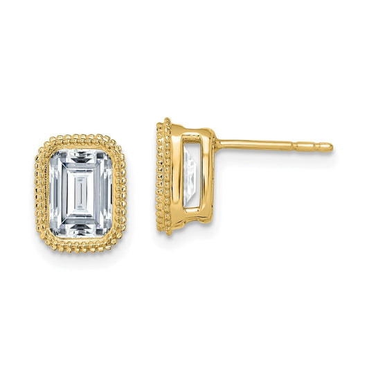 14k Yellow Gold Emerald Beaded Bezel Earring G H I True Light Moissanite, 9.3mm