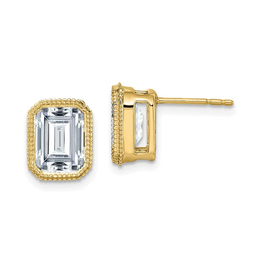 14k Yellow Gold Emerald Beaded Bezel Earring G H I True Light Moissanite, 10.1mm