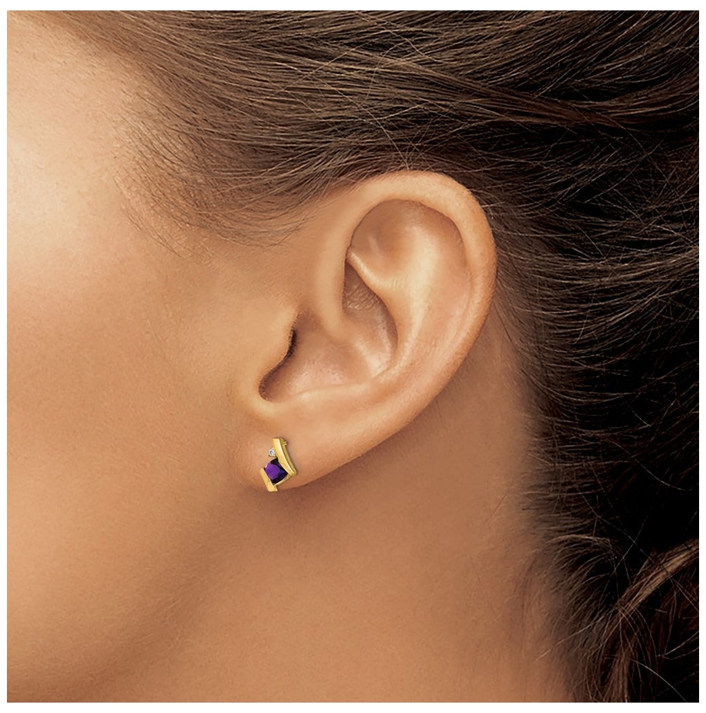 10k Yellow Gold Cushion Amethyst and Diamond Earrings