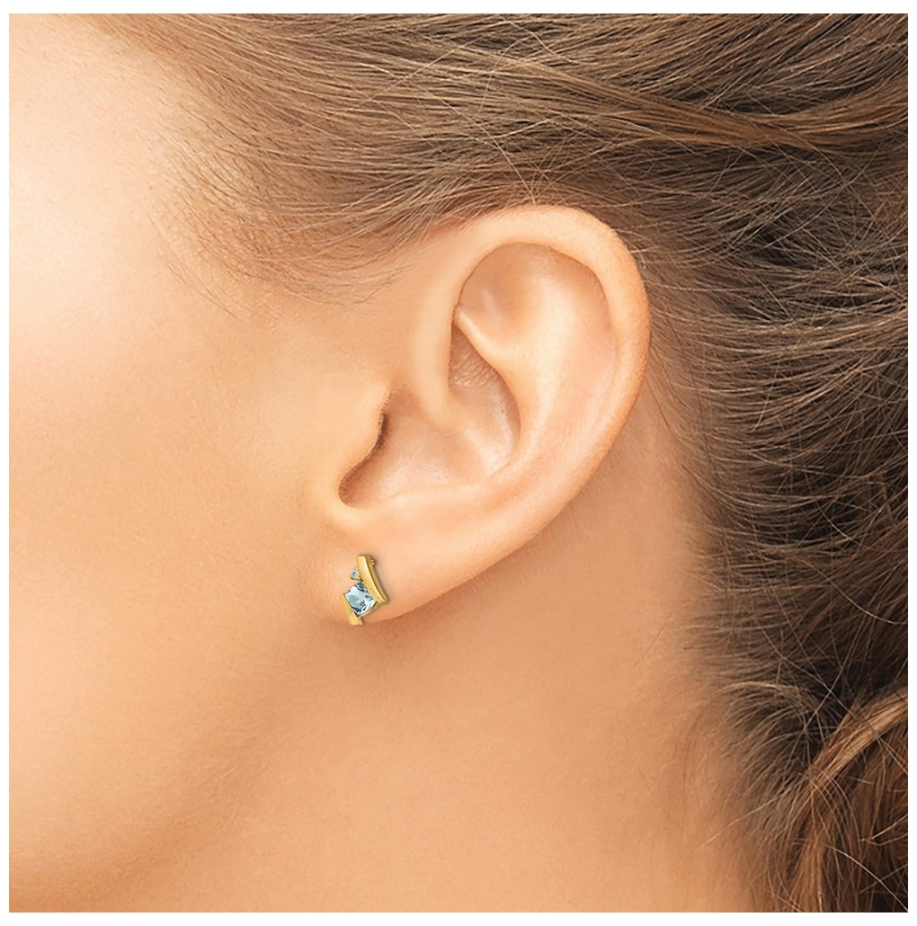 10k Yellow Gold Cushion Aquamarine and Diamond Earrings