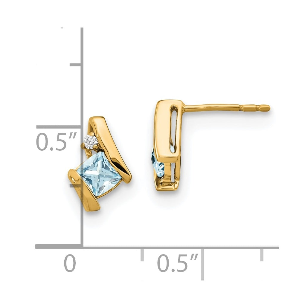 10k Yellow Gold Cushion Aquamarine and Diamond Earrings