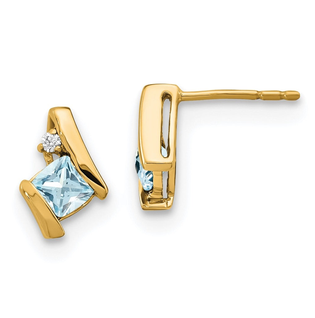 10k Yellow Gold Cushion Aquamarine and Diamond Earrings