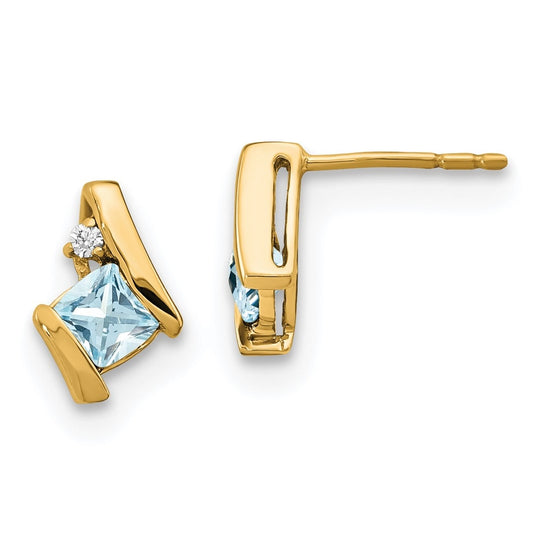 10k Yellow Gold Cushion Aquamarine and Diamond Earrings