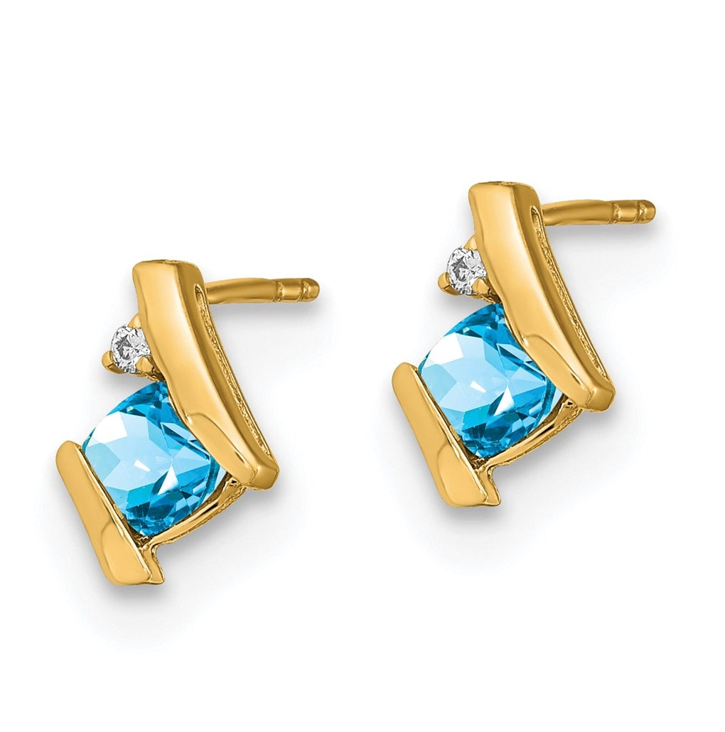 10k Yellow Gold Cushion Blue Topaz and Diamond Earrings