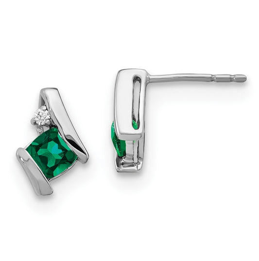 10k White Gold Cushion Cr. Emerald and Diamond Earrings