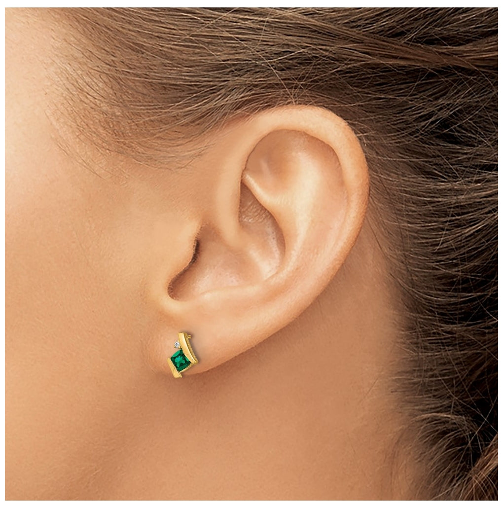 10k Yellow Gold Cushion Cr. Emerald and Diamond Earrings