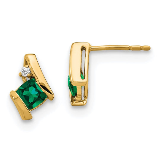 10k Yellow Gold Cushion Cr. Emerald and Diamond Earrings