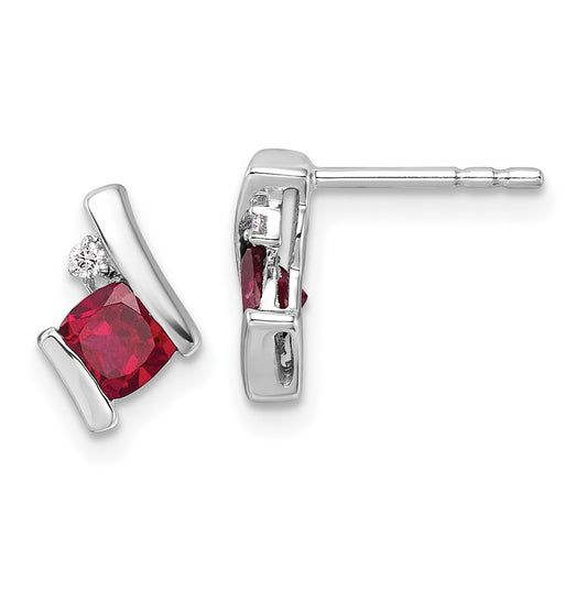 10k White Gold Cushion Cr. Ruby and Diamond Earrings