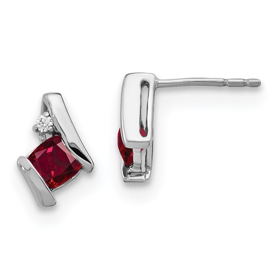 Sterling Silver Antique Cushion Created Ruby and Diamond Earrings