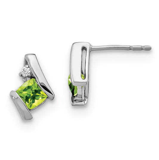 10k White Gold Cushion Peridot and Diamond Earrings