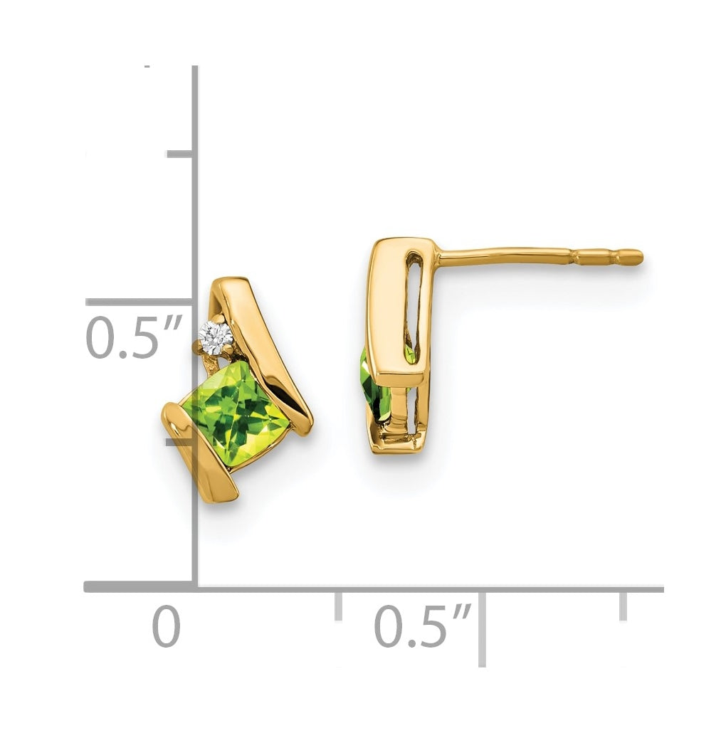 10k Yellow Gold Cushion Peridot and Diamond Earrings