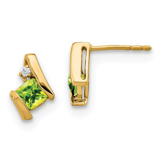 10k Yellow Gold Cushion Peridot and Diamond Earrings