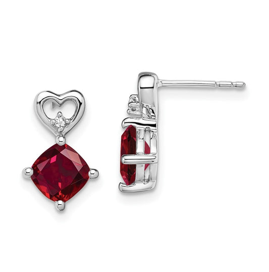 14k White Gold Created Ruby and Diamond Heart Earrings