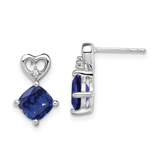 14k White Gold Created Sapphire and Diamond Heart Earrings