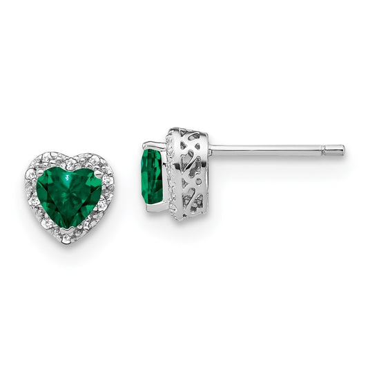 Sterling Silver Rhodium plated Created-Emerald and Diamond Earrings
