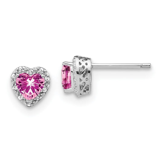 Sterling Silver Rhodium Plated Created Pink-Sapphire and Diamond Earrings